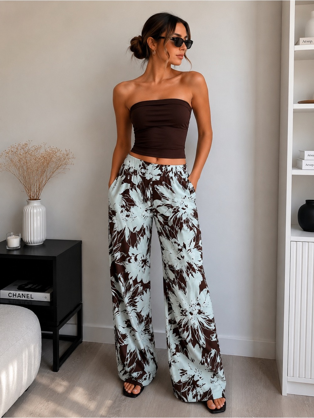 Brown & light blue Floral Palazzo Pants – Wide Leg Resort Style ✨